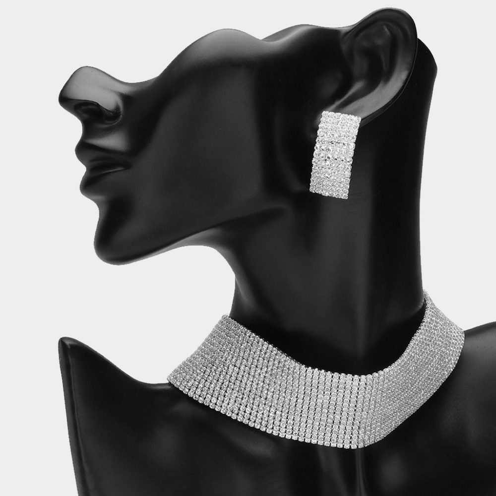 Silver Rhinestone Choker Necklace Chain Set Statement Jewelry Accessories 15 Row